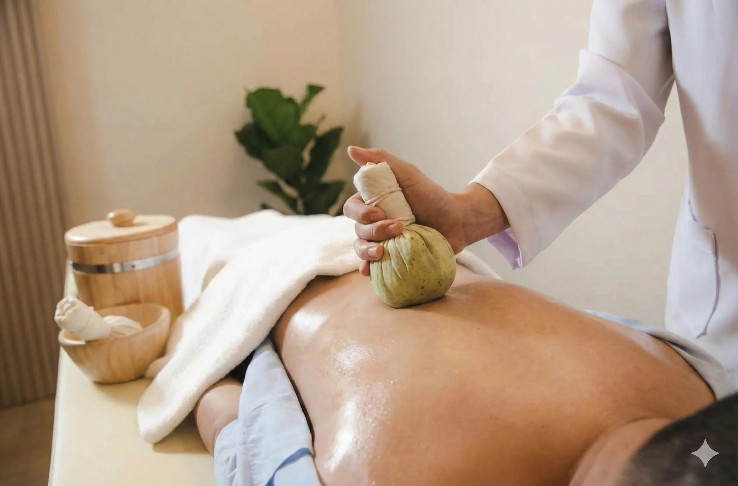 Minh họa chườm lá ngải cứu truyền thống